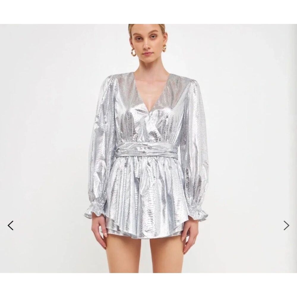 Endless Rose Snakeskin Metallic Romper Silver Long Sleeve Pleated V-Neck Size XS